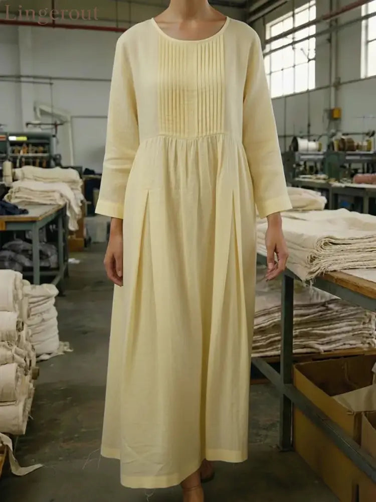Vintage Style Pleated Cotton Linen Midi Dress - Yellow / S