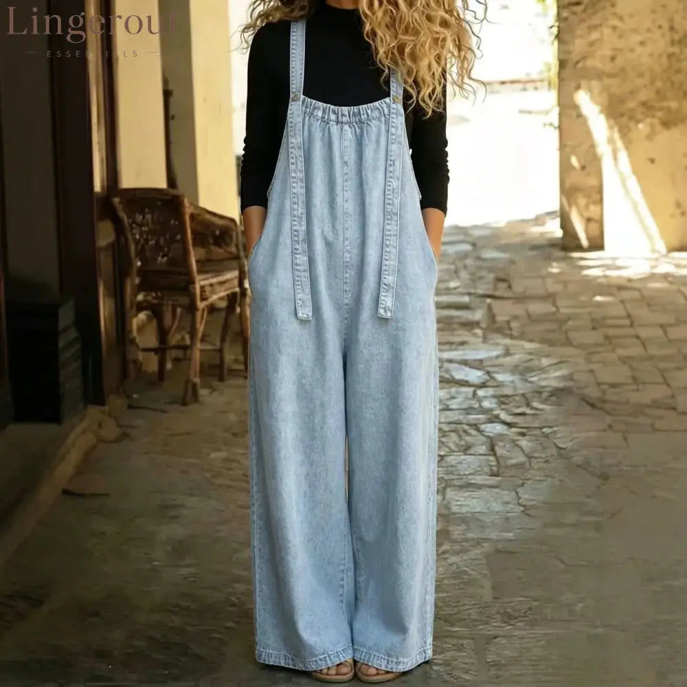 Vintage Washed Wide Leg Denim Overalls