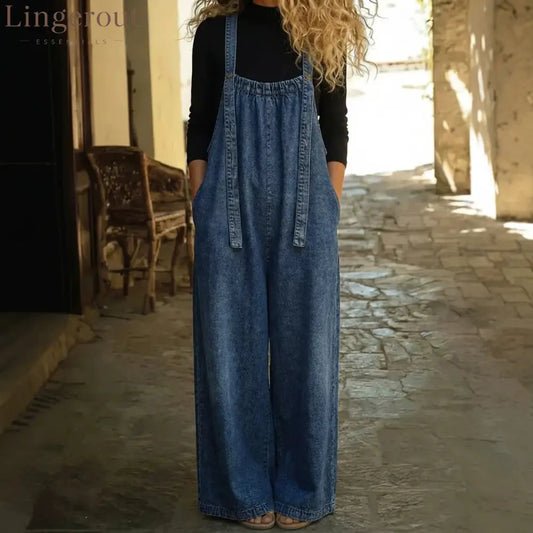 Vintage Washed Wide Leg Denim Overalls
