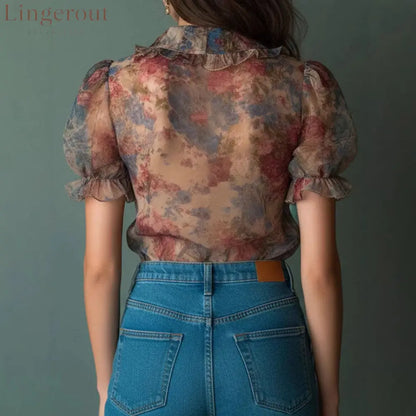 Vintage Watercolor Floral Sheer Ruffle Blouse