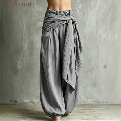 Vintage Wrap Tie Harem Pants Loose Crinkle Cotton Linen Jogger Trousers