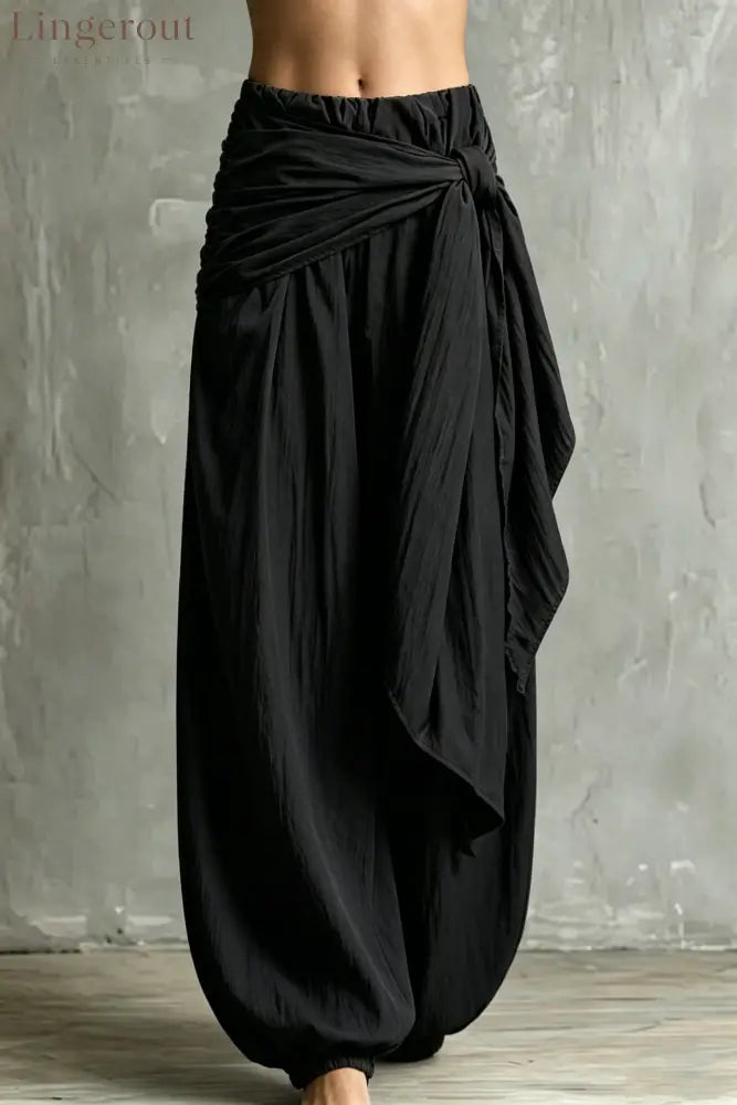 Vintage Wrap Tie Harem Pants Loose Crinkle Cotton Linen Jogger Trousers - Black / S