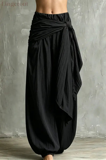Vintage Wrap Tie Harem Pants Loose Crinkle Cotton Linen Jogger Trousers - Black / S
