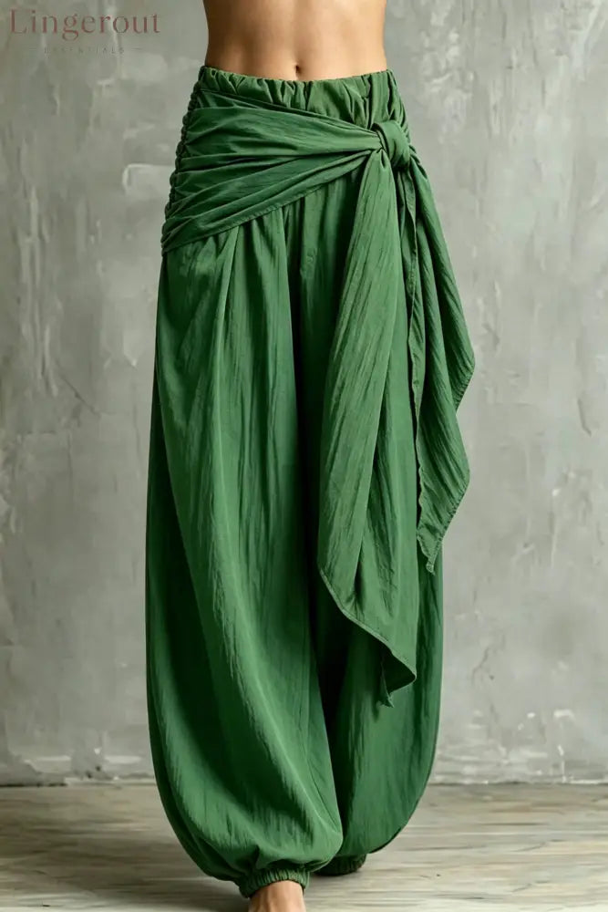 Vintage Wrap Tie Harem Pants Loose Crinkle Cotton Linen Jogger Trousers - Green / S