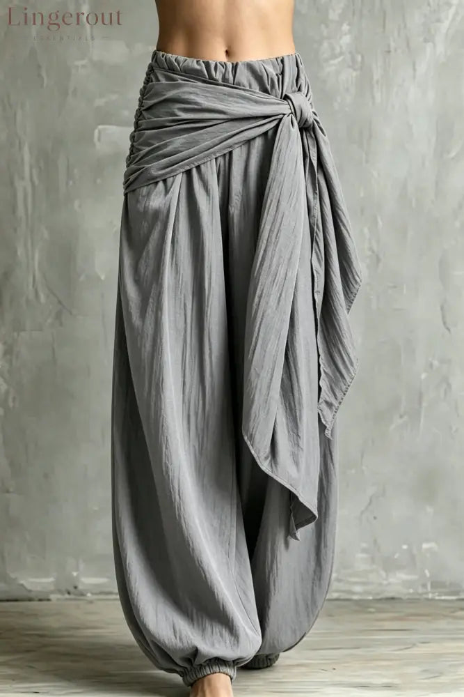 Vintage Wrap Tie Harem Pants Loose Crinkle Cotton Linen Jogger Trousers - Grey / S