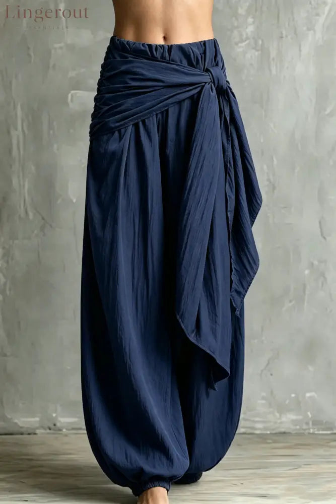 Vintage Wrap Tie Harem Pants Loose Crinkle Cotton Linen Jogger Trousers - Navy blue / S