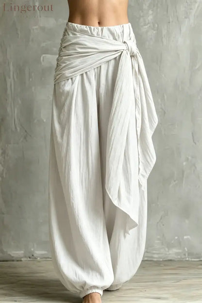 Vintage Wrap Tie Harem Pants Loose Crinkle Cotton Linen Jogger Trousers - White / S