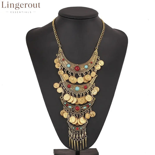 Visland Statement Necklace Exaggerated Round Coins Tassels Colored Turquoise Layered Gift Hypoallergenic Vintage Ethnic