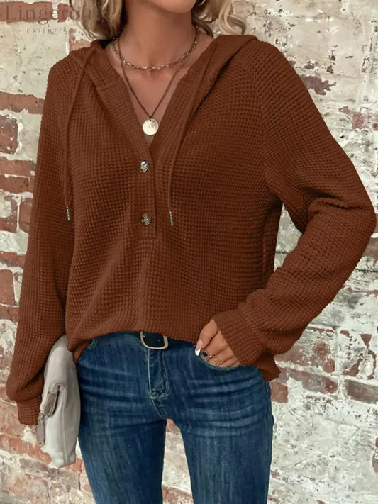 Waffle Knit Button Detail Hoodie