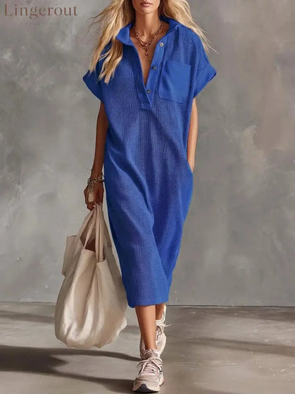 Waffle Knit Collared Midi Shirt Dress | Casual Loose Pocket Summer Dress