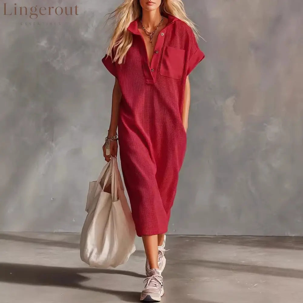 Waffle Knit Collared Midi Shirt Dress | Casual Loose Pocket Summer Dress