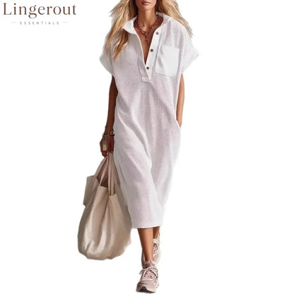 Waffle Knit Collared Midi Shirt Dress | Casual Loose Pocket Summer Dress