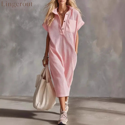 Waffle Knit Collared Midi Shirt Dress | Casual Loose Pocket Summer Dress