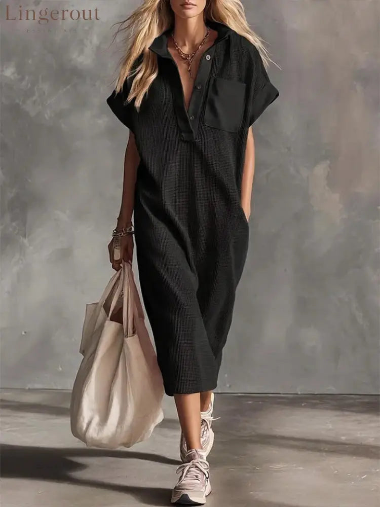Waffle Knit Collared Midi Shirt Dress | Casual Loose Pocket Summer Dress - Black / S