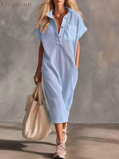 Waffle Knit Collared Midi Shirt Dress | Casual Loose Pocket Summer Dress - Blue / S