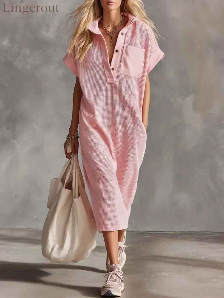 Waffle Knit Collared Midi Shirt Dress | Casual Loose Pocket Summer Dress - Pink / S