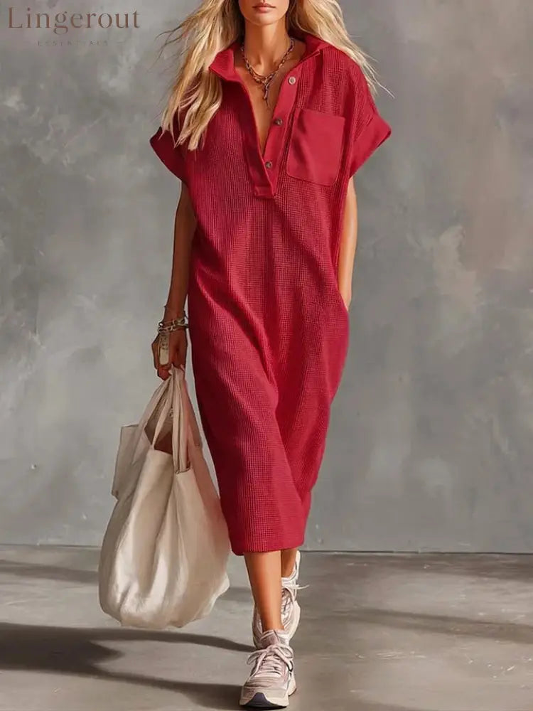 Waffle Knit Collared Midi Shirt Dress | Casual Loose Pocket Summer Dress - Red / S