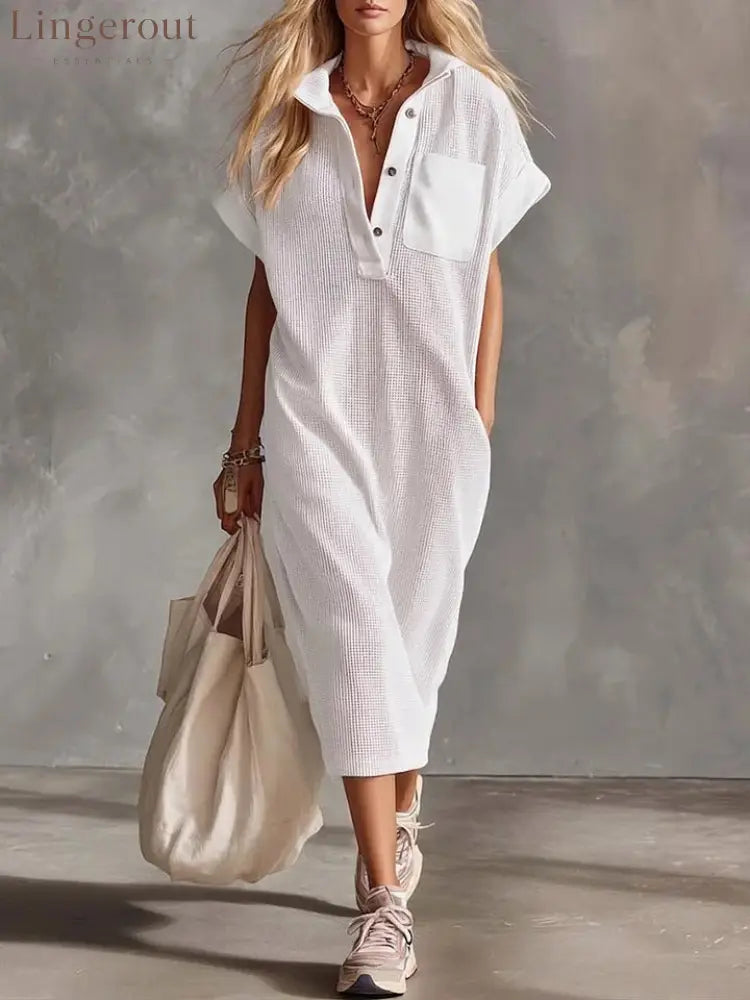 Waffle Knit Collared Midi Shirt Dress | Casual Loose Pocket Summer Dress - White / S