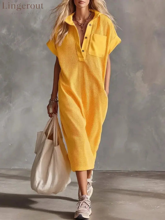 Waffle Knit Collared Midi Shirt Dress | Casual Loose Pocket Summer Dress - Yellow / S