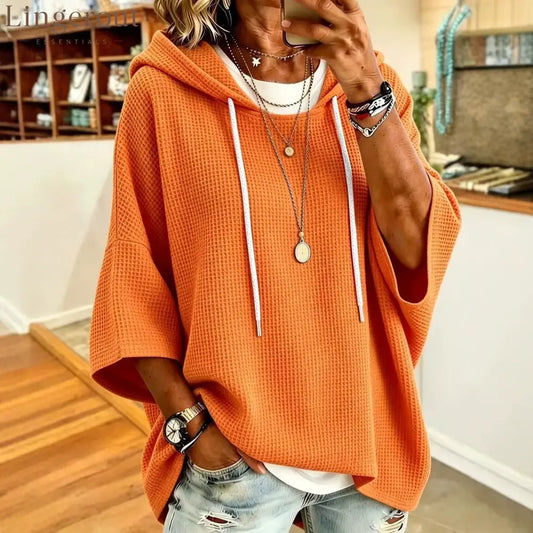 Waffle Knit Drawstring Hooded Batwing Half Sleeve Casual Top