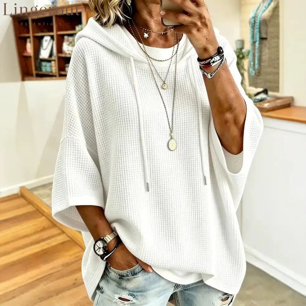 Waffle Knit Drawstring Hooded Batwing Half Sleeve Casual Top