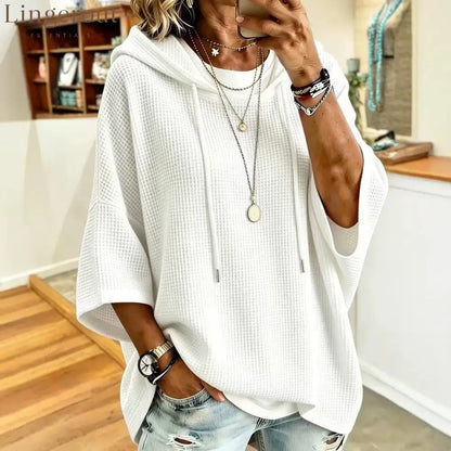 Waffle Knit Drawstring Hooded Batwing Half Sleeve Casual Top