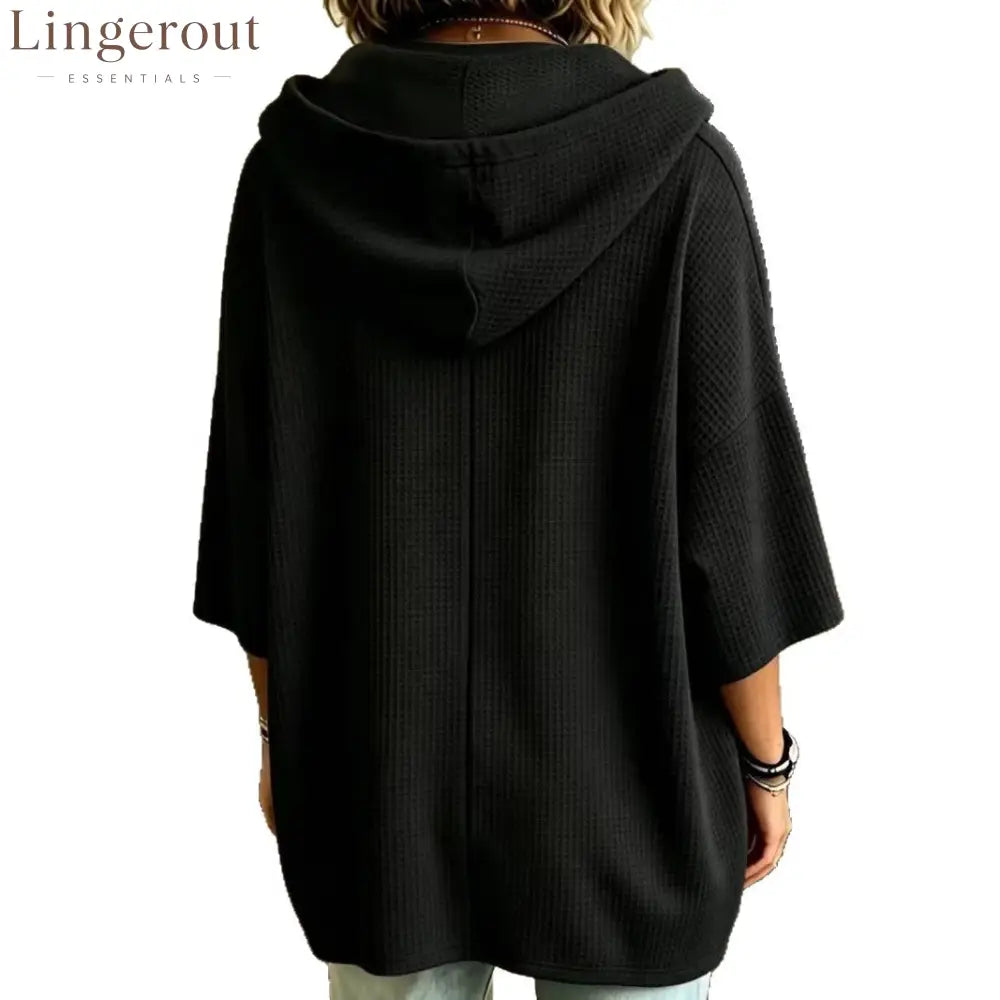 Waffle Knit Drawstring Hooded Batwing Half Sleeve Casual Top