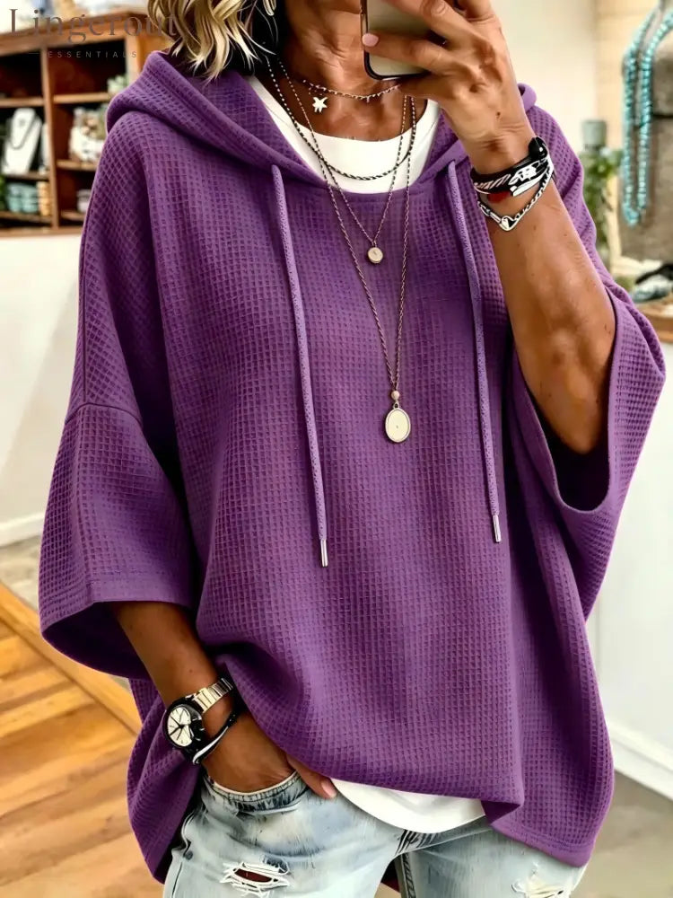 Waffle Knit Drawstring Hooded Batwing Half Sleeve Casual Top - Purple / S