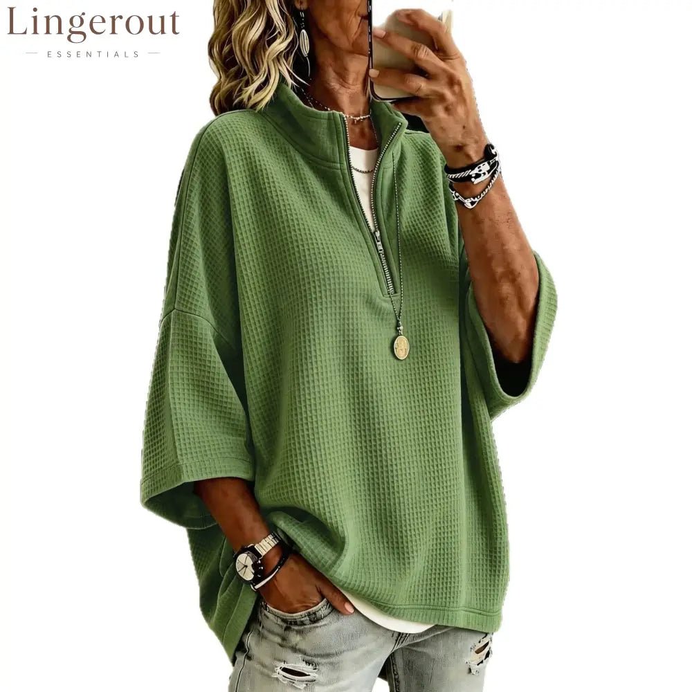 2026 European And American Cross-Border Women’S Clothing Tiktok Amazon New Zipper Half Turtleneck Waffle Sweatshirt