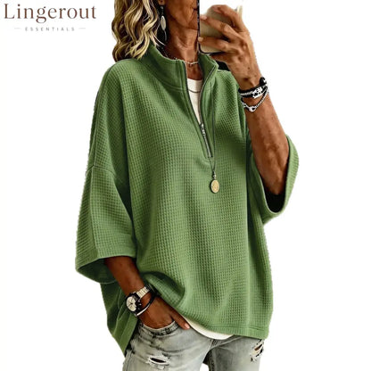 2026 European And American Cross-Border Women’S Clothing Tiktok Amazon New Zipper Half Turtleneck Waffle Sweatshirt
