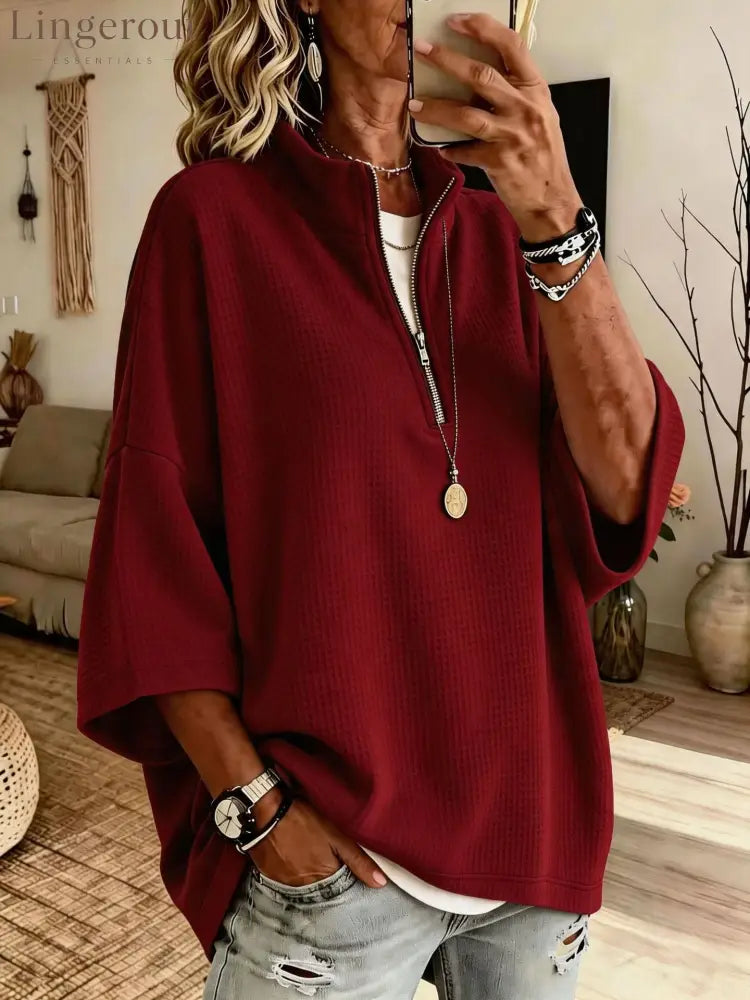 2026 European And American Cross-Border Women’S Clothing Tiktok Amazon New Zipper Half Turtleneck Waffle Sweatshirt