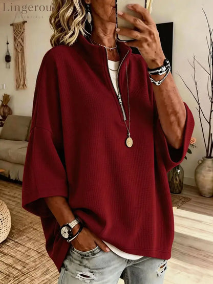 2026 European And American Cross-Border Women’S Clothing Tiktok Amazon New Zipper Half Turtleneck Waffle Sweatshirt