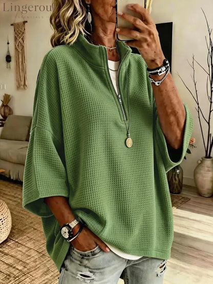 2026 European And American Cross-Border Women’S Clothing Tiktok Amazon New Zipper Half Turtleneck Waffle Sweatshirt