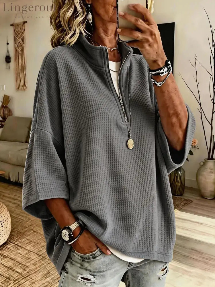 2026 European And American Cross-Border Women’S Clothing Tiktok Amazon New Zipper Half Turtleneck Waffle Sweatshirt