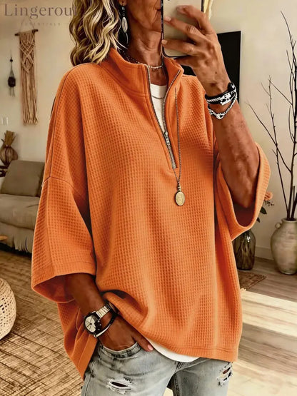 2026 European And American Cross-Border Women’S Clothing Tiktok Amazon New Zipper Half Turtleneck Waffle Sweatshirt