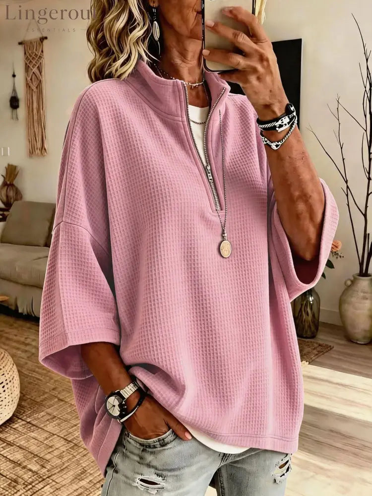 2026 European And American Cross-Border Women’S Clothing Tiktok Amazon New Zipper Half Turtleneck Waffle Sweatshirt