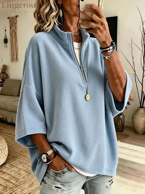 2026 European And American Cross-Border Women’S Clothing Tiktok Amazon New Zipper Half Turtleneck Waffle Sweatshirt