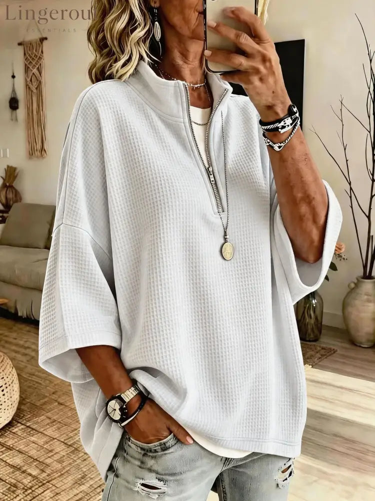 2026 European And American Cross-Border Women’S Clothing Tiktok Amazon New Zipper Half Turtleneck Waffle Sweatshirt
