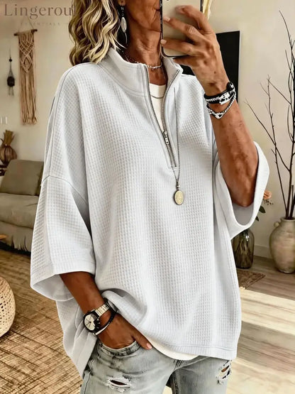 2026 European And American Cross-Border Women’S Clothing Tiktok Amazon New Zipper Half Turtleneck Waffle Sweatshirt