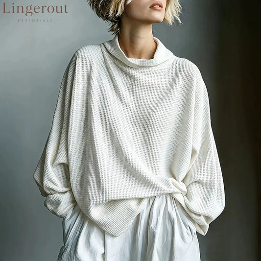 Waffle-Knit Oversized Cowl Neck Top