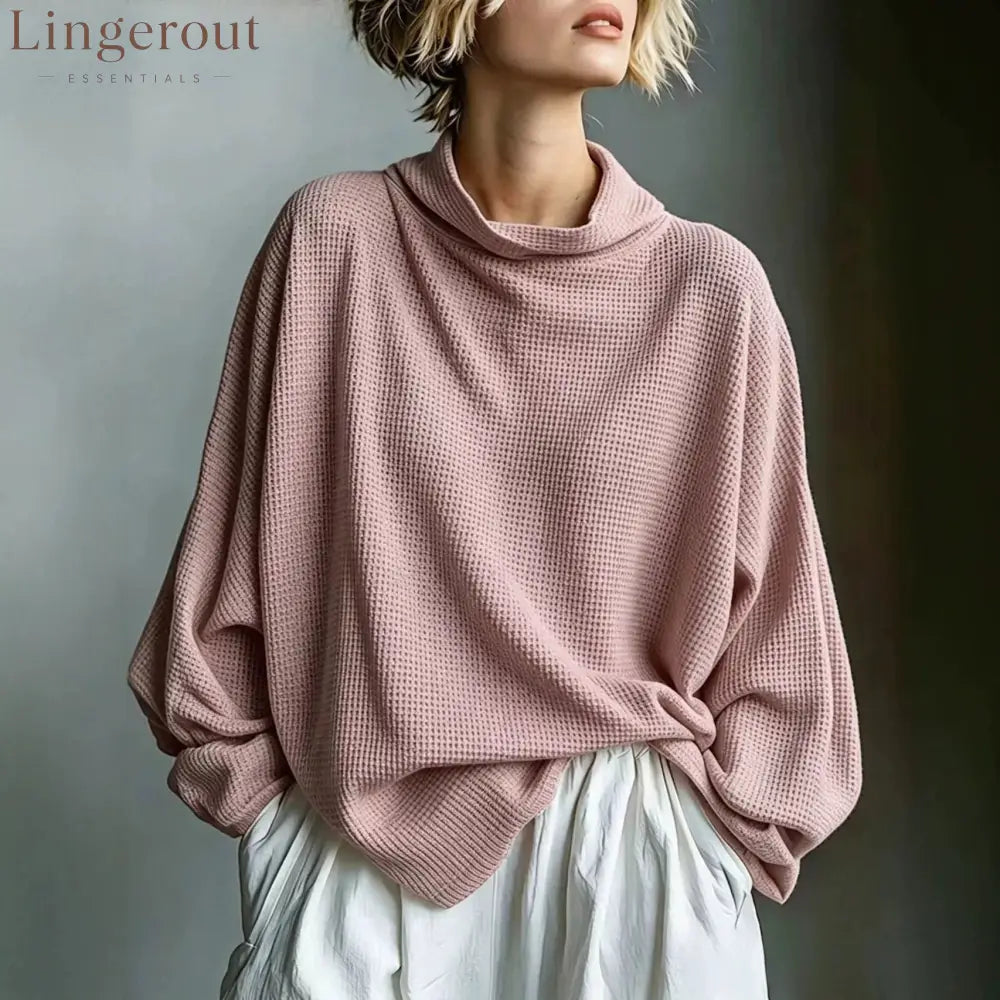 Waffle-Knit Oversized Cowl Neck Top