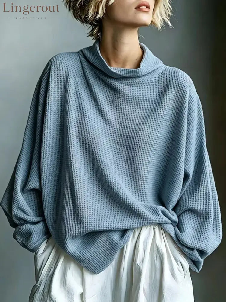 Waffle-Knit Oversized Cowl Neck Top - Blue / S