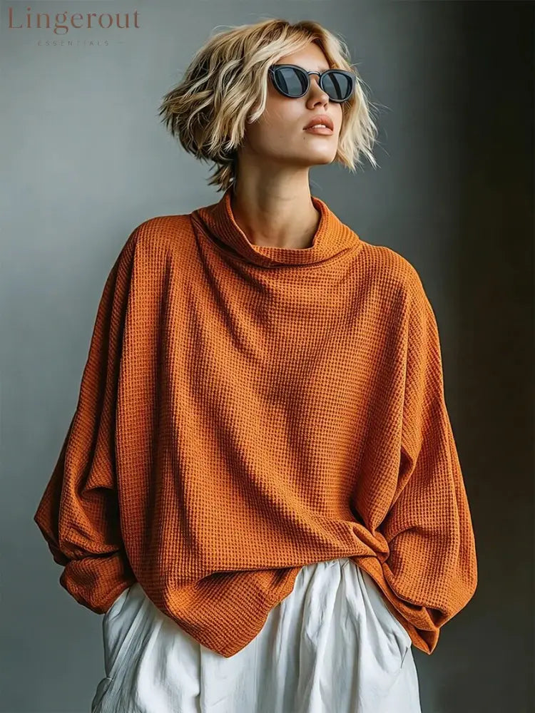 Waffle-Knit Oversized Cowl Neck Top - Orange / S