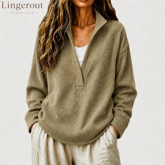 Waffle Textured Half Zip Stand Collar Long Sleeve Top
