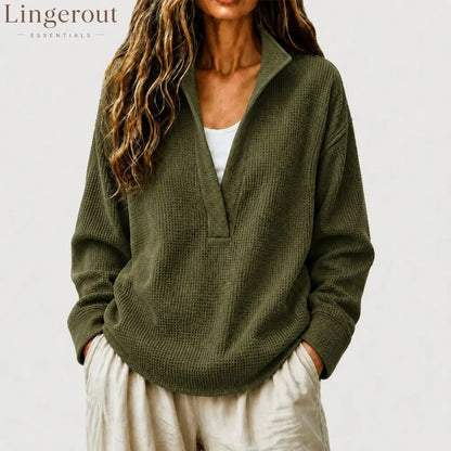 Waffle Textured Half Zip Stand Collar Long Sleeve Top - Army green / S