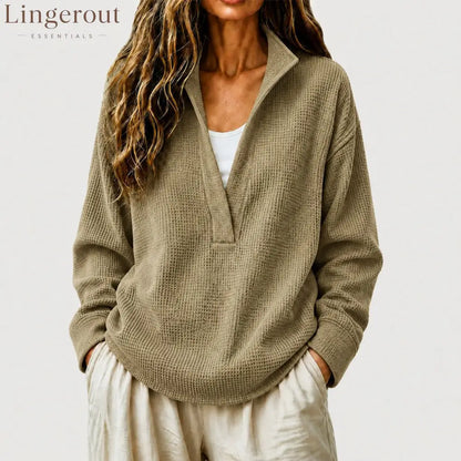 Waffle Textured Half Zip Stand Collar Long Sleeve Top - Khaki / S
