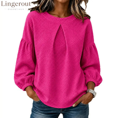 Waffle Textured Pleated Neck Balloon Long Sleeve Blouse