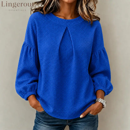 Waffle Textured Pleated Neck Balloon Long Sleeve Blouse - Blue / S