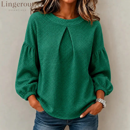 Waffle Textured Pleated Neck Balloon Long Sleeve Blouse - Green / S