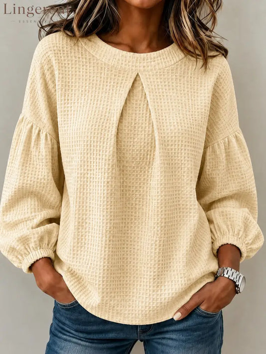 Waffle Textured Pleated Neck Balloon Long Sleeve Blouse - Khaki / S